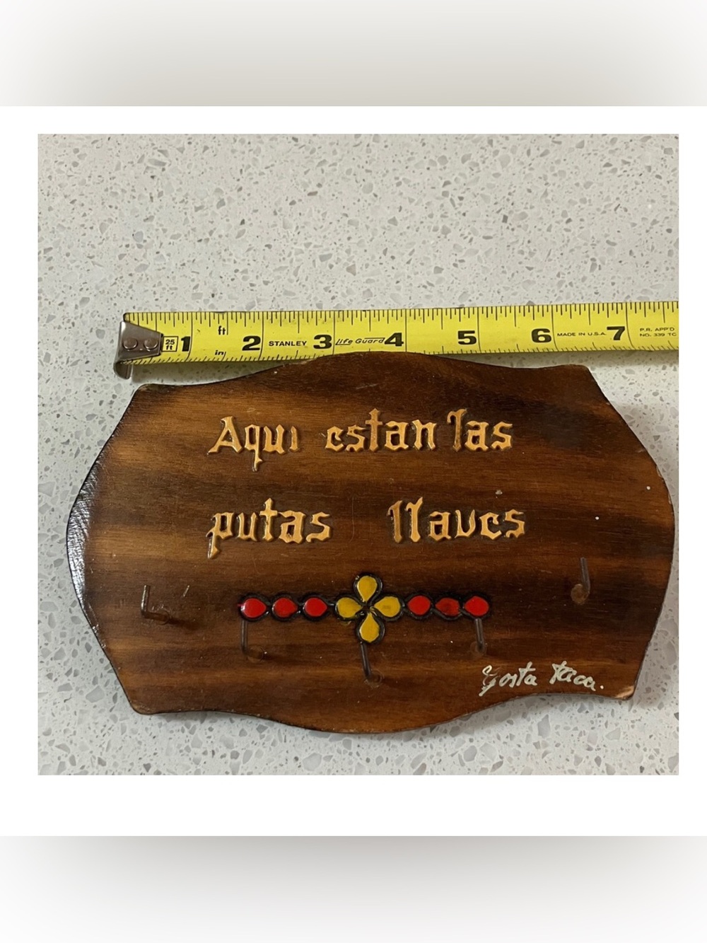 Costa Rica Wood Artisan Wall Key Holder Plaque with Red and Yellow Accents